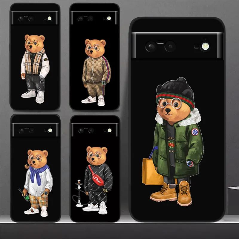 

Fashion Cartoon Bear Phone Case For Google Pixel 7 Pro 6 Pro 6A 5A 5 4 4A XL 5G Black Soft Cover Fundas Cover