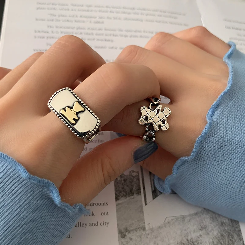 

Fashion Vintage Cross Love Adjustable Alloy Ring Crying Expression Open Rings Geometric Cute Bear Jewelry for Women Accessorry