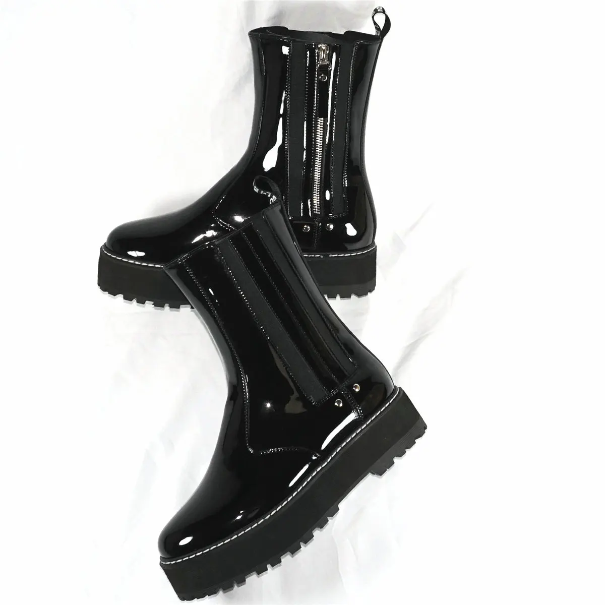 Flat With Med Heels Creepers Women Black Patent Leather Platform Pumps Female High Top Round Toe Fashion Sneakers Casual Shoes