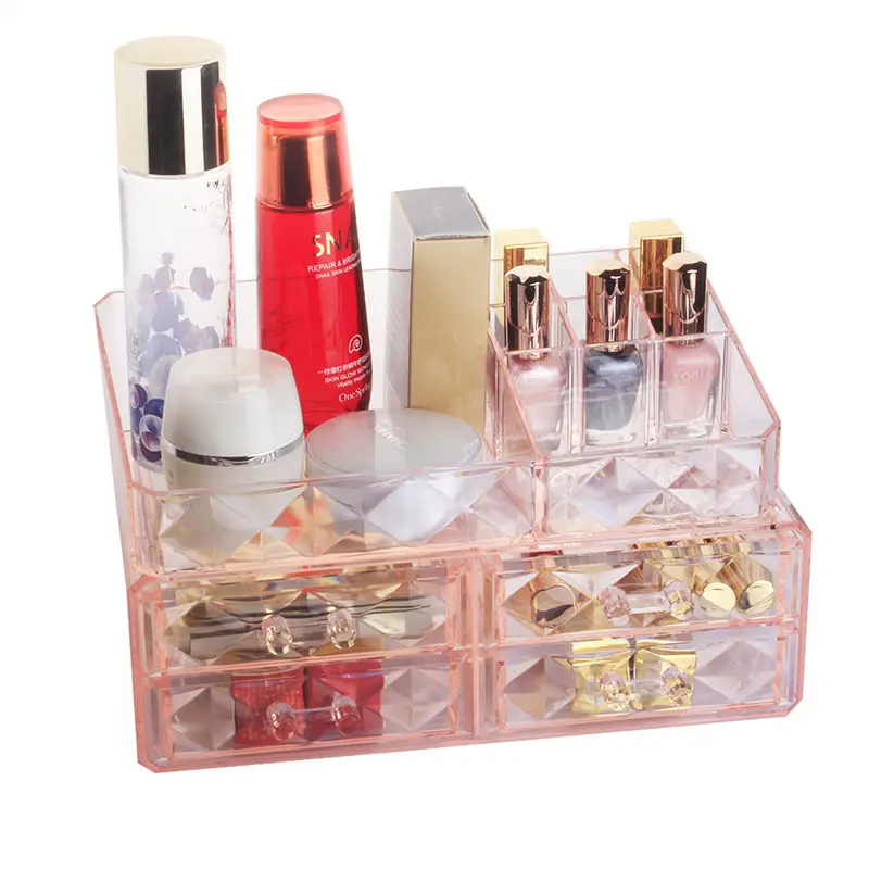 Large Diamond Grain Storage Box Transparent Pink Girl Heart Desktop Cosmetics Storage Box Lipstick Classified Storage