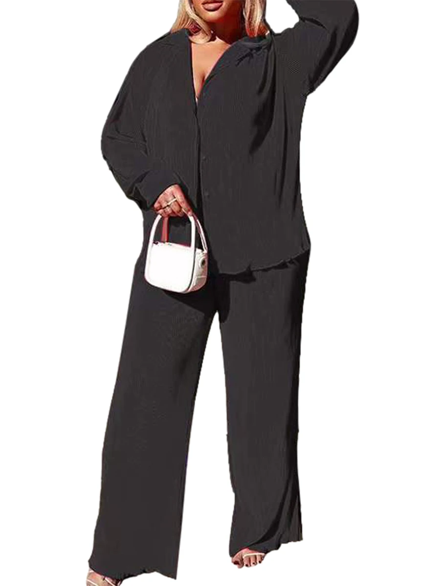 

Women Pants Sets Outfits Solid Color Lapel Long Sleeve Button Down Shirt Long Loose Trousers