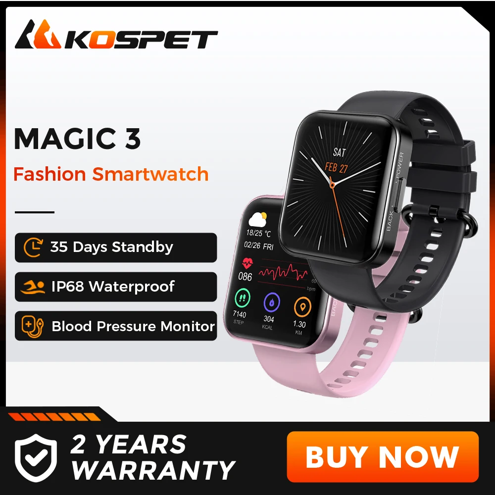 KOSPET MAGIC 3 Fashion Smartwatch for Men Waterproof Bluetooth 5.0 Band Sport Fitness Black Smart Watch Women for IOS Android