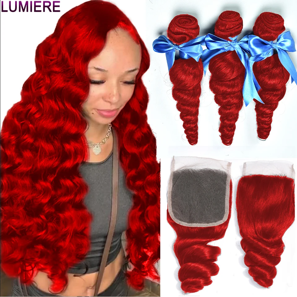 

Lumiere 10"-28" 100% Remy Red Loose Wave Machine Double Weft Human Hair Bundles With 4X4 Closure And 13X4 Frontal For Women