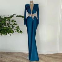 navy blue satin mermaid evening gowns elegant lace appliques sheer neck long sleeves prom dresses saudi arabia party dress