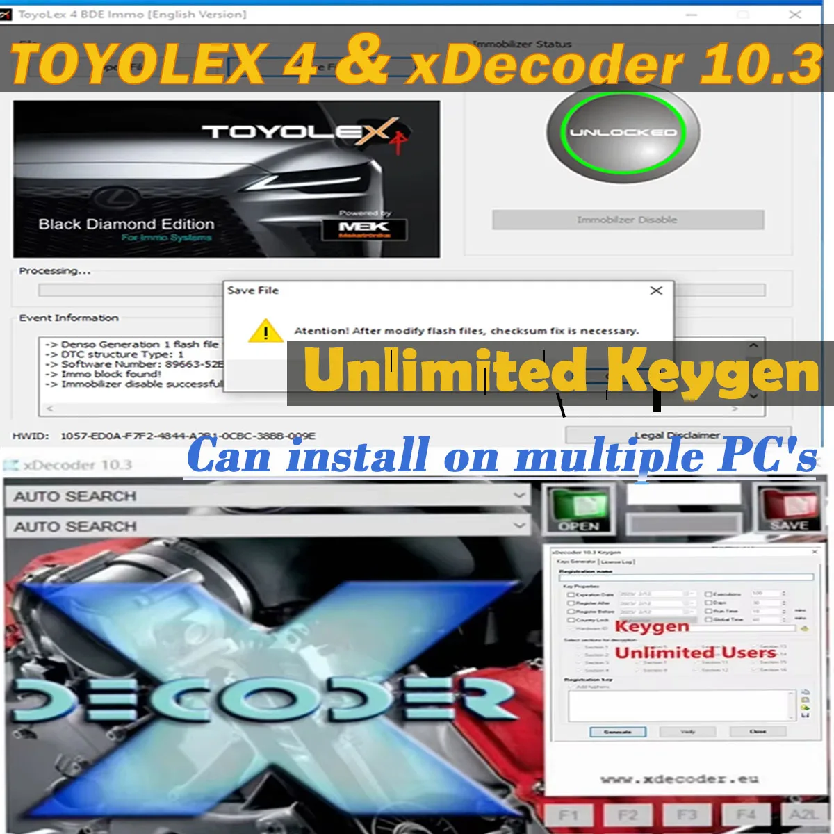 2024 Новый Toyolex4 Toyolex 4 для Denso Lexus и XDecoder 10 3 Unlimited Keygen Поддержка установки Win7/10 DTC Remover OFF