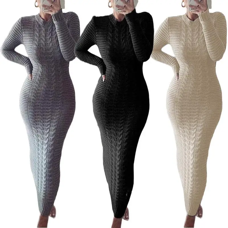 

Autumn and Winter 2022 Women's New Solid Color Dress Women's Fashion Fried Dough Twist Long Sleeve Knitting Pullover Dress
