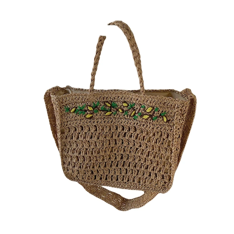 Summer Straw Bag Design Hand Woven Lemon Pattern Handbag Large Capacity Hollow Out Tote Bali Bohemia Holiday Beach Shoulder Bag