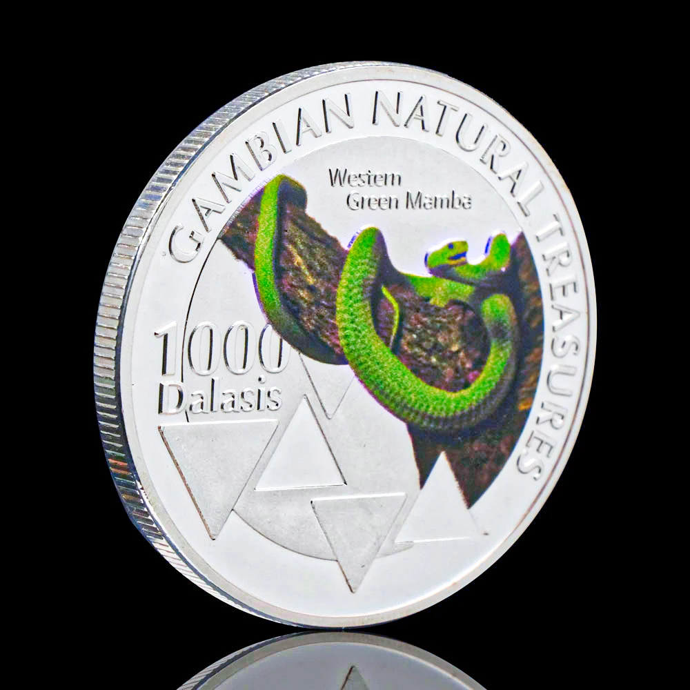 

Серебряное покрытие, природные Драгоценности Гамбии, африканская Западная зеленая Мамба, змея, монета, животные, коллекционные монеты, копия