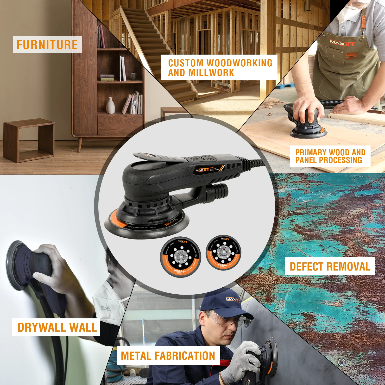 MAXXT Electric 5mm Orbital Sander Palm Sander with Brushless Motor 150mm&125mm Sanding Pads Central Vacuum images - 6