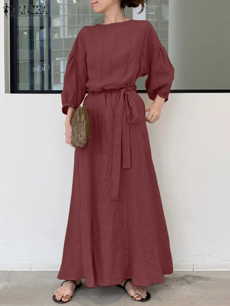 

Осеннее элегантное однотонное платье-макси ZANZEA с рукавом 3/4 и круглым вырезом, сарафан, женские повседневные юбки, женские винтажные уличные платья 2023