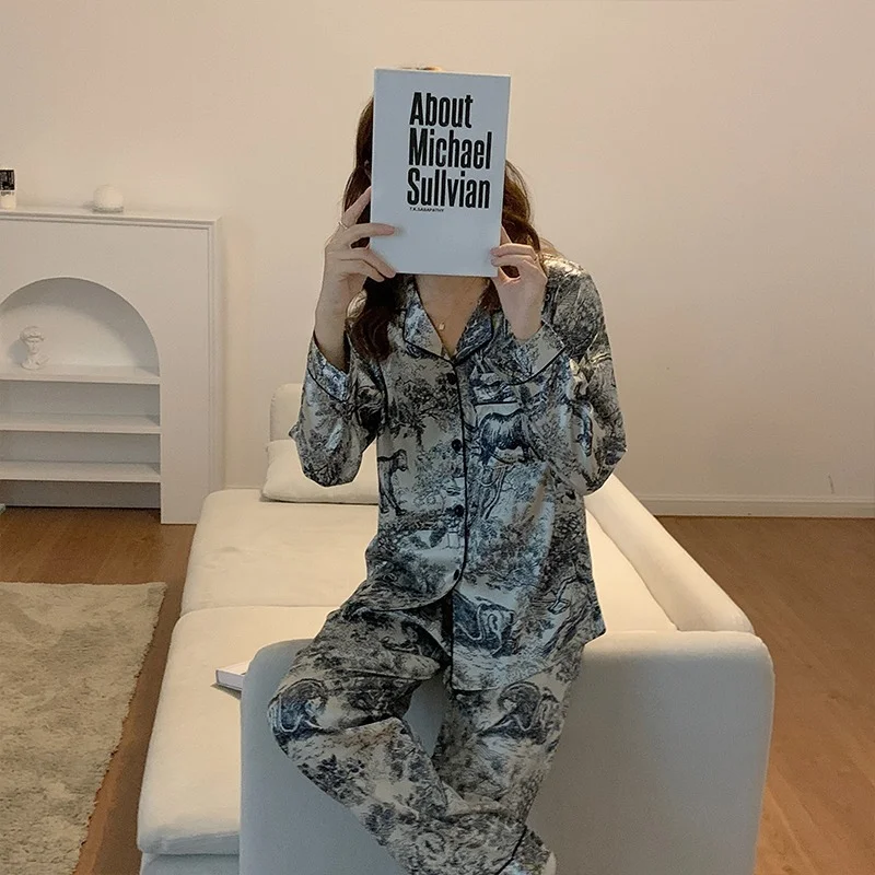 Ice Silk Pajamas Women's Spring Simple Ink Painting Shirts Trousers Two-piece Lapel Cardigan Women's Luxury Casual Home Wear