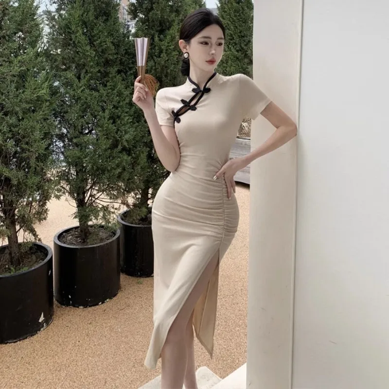 

Women's Dress Shirring Mid-Calf Side-Slit Folds Dresses Solid Color Slim Sexy High Waist Vestidos Bodycon Dropship