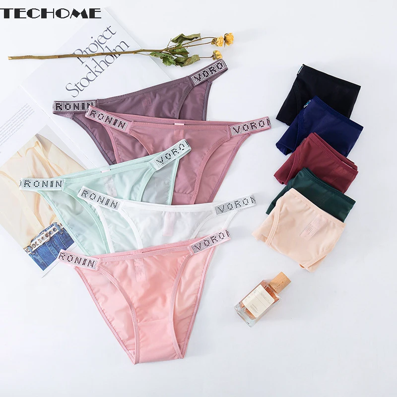 

European and American Mesh Briefs Underwear Ladies Wide Belt Rhinestone Sexy Thong Silk Breathable Panties Women Lingerie