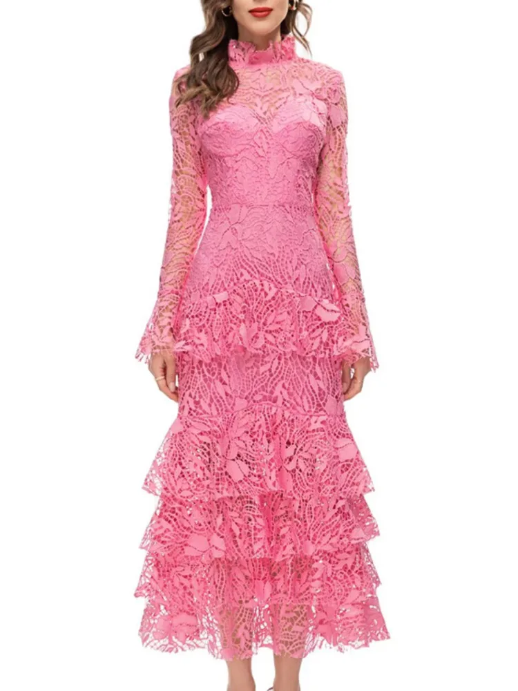 QMQA модные женские однотонные кружевные платья с воротником-стойкой элегантное