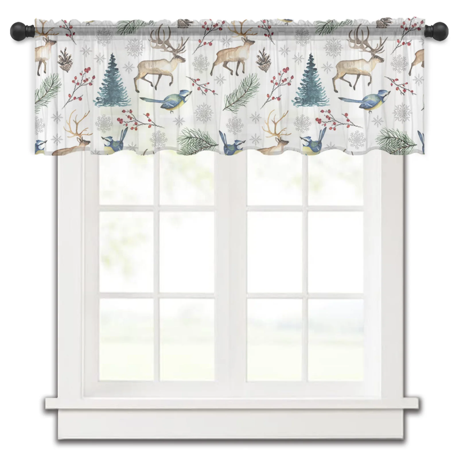 

Christmas Snowflake Elk Berry Bird Kitchen Small Curtain Tulle Sheer Short Curtain Bedroom Living Room Home Decor Voile Drapes