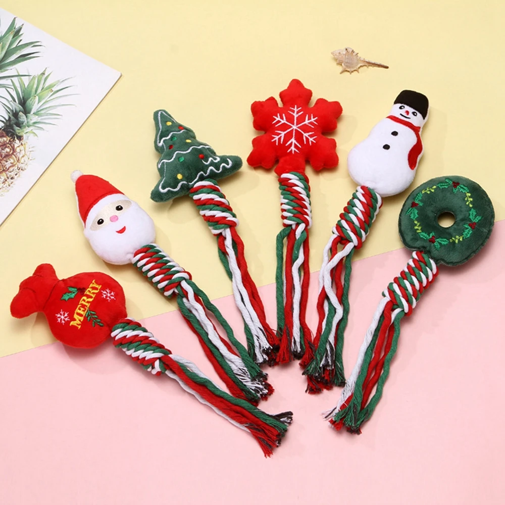 

Pet Cotton Rope Chew Toys for Puppy Dog Teeth Cleaning Christmas Santa Elk Snowman Pattern Washable Durable Toy Holiday Gift