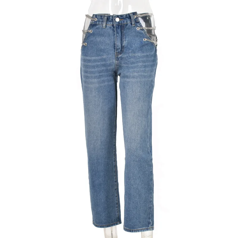 Hollow Chain High Waist Tailored Denim Casual Street Trousers Spring Long 2021 Summer New Trend Leggings Jeans Woman Pants 2021