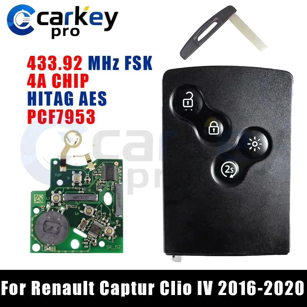 

Автомобильный ключ-карта Carkeypro 433 МГц FSK с чипом 4A, 4 кнопками, функцией бесключевого доступа и автозапуска для Renault Captur Clio IV 2016-2020
