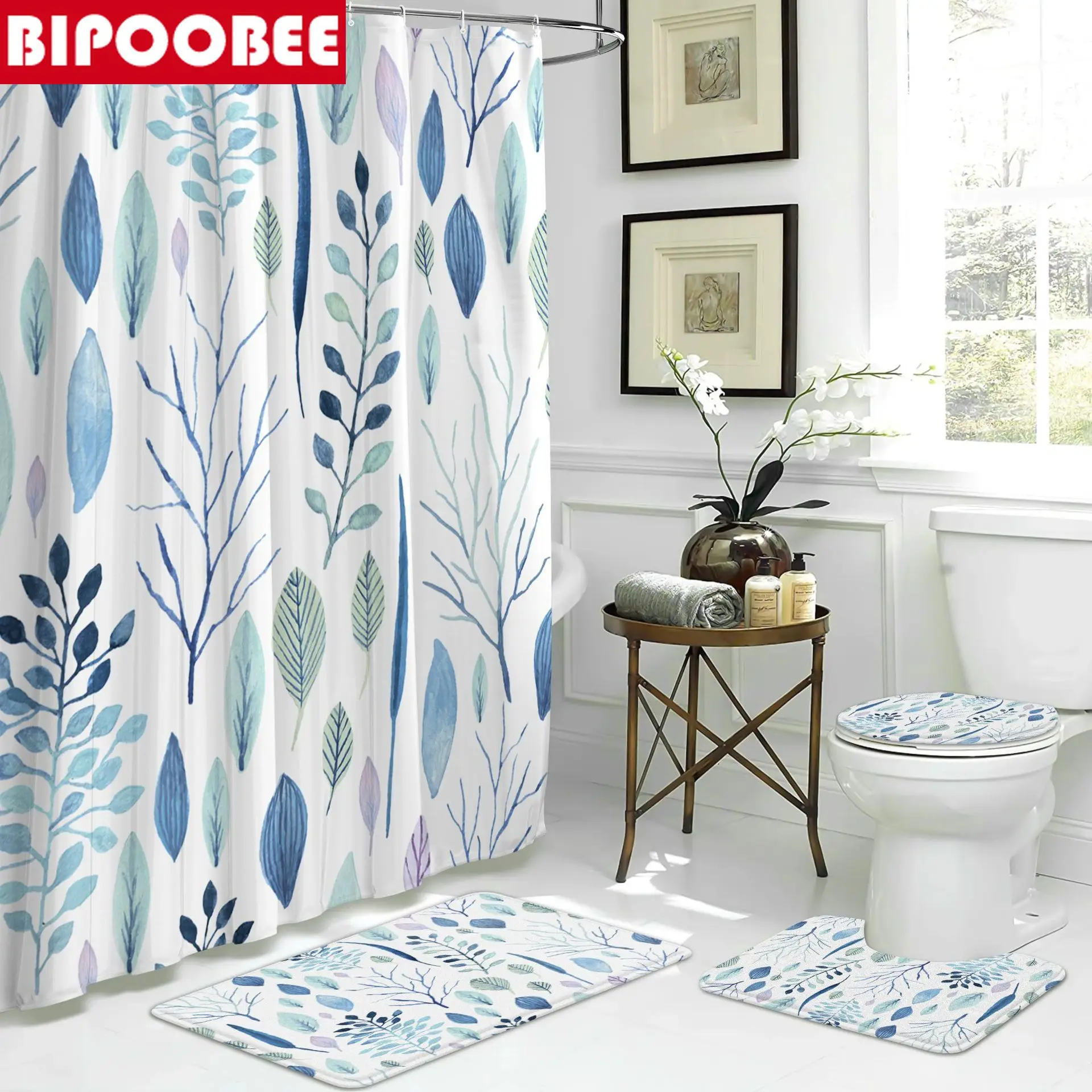 

Waterproof Fabric Shower Curtain Plant Leaves Bathroom Curtains Toilet Cover Pedestal Rugs Non-slip Carpet Bath Mats Home Decor