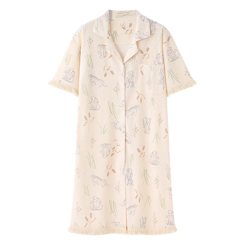 QWEEK Gauze Rabbit Print Nightie Cardigan for Women Kawaii Cotton Sleepwear Korean Style Loungewear Sweet Night Dress