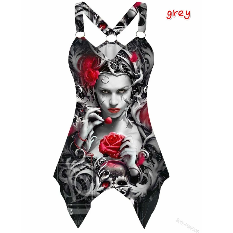 

Wepbel Gothic Tshirt Skull Camis Print Women Irregular V-neck Tops Shirt Narrow Straps Tank Tops T-shirt Gothic Camisole Tops