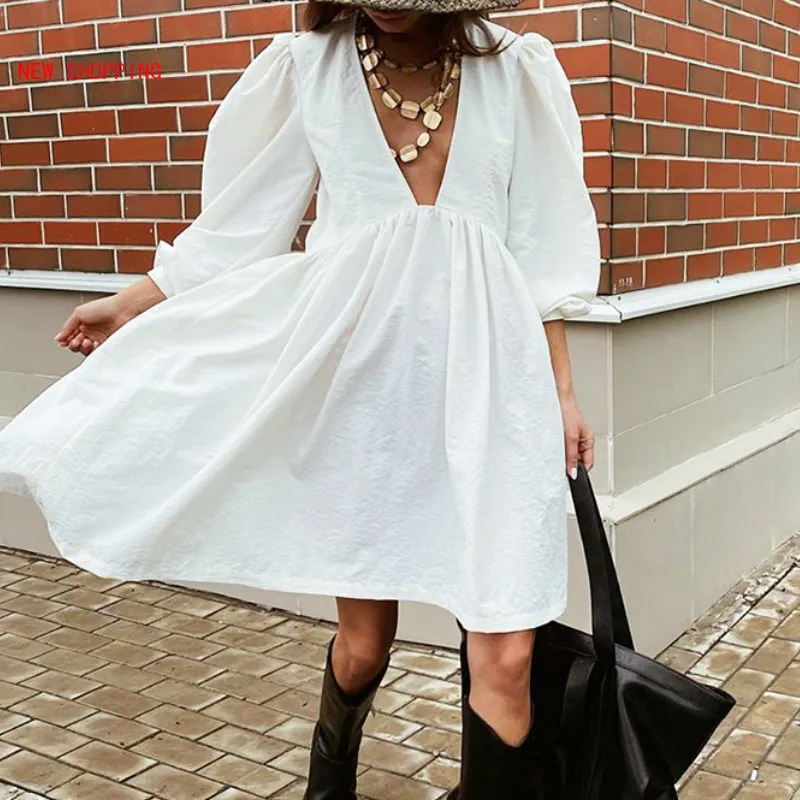 

New Casual Elegant White Dresses Summer Sexy Deep V Neck Black Dress Oversized Women Puff Sleeve Loose A Line Dress 2023 Fashion