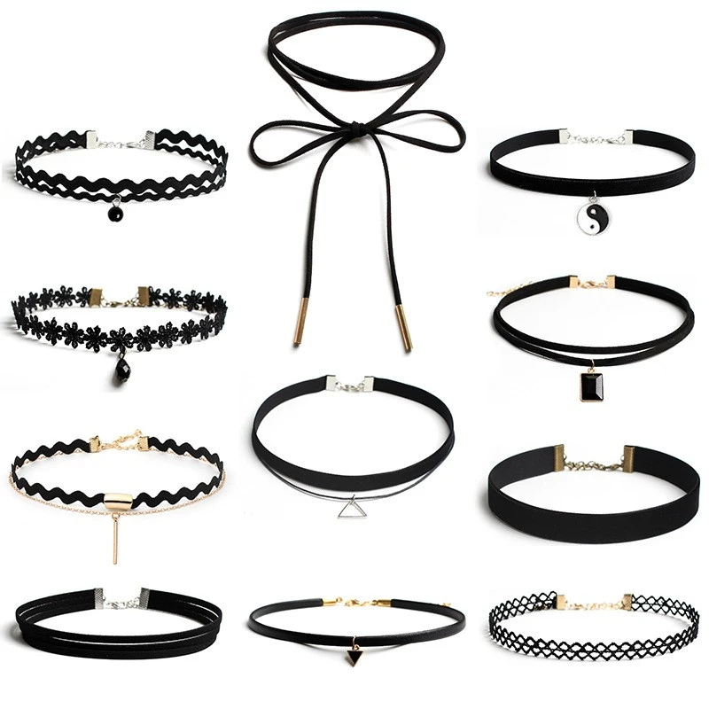 

11 Style Goth Black Velvet Choker Necklaces Gothic Style Rope Women Neck Decoration Chocker Jewelry on The Neck Collar for Girl