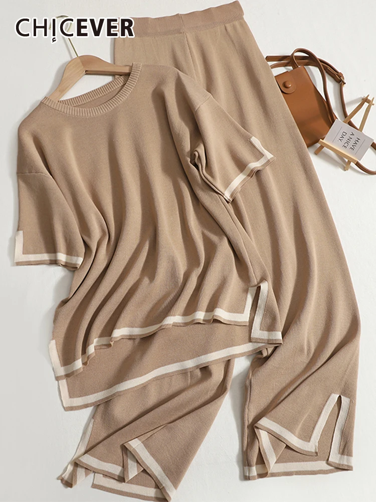 

CHICEVER Colorblock Two Piece Sets Women Round Neck Short Sleeve Tops Elastic Waist Long Pants Casual Set Female Summer Clothing