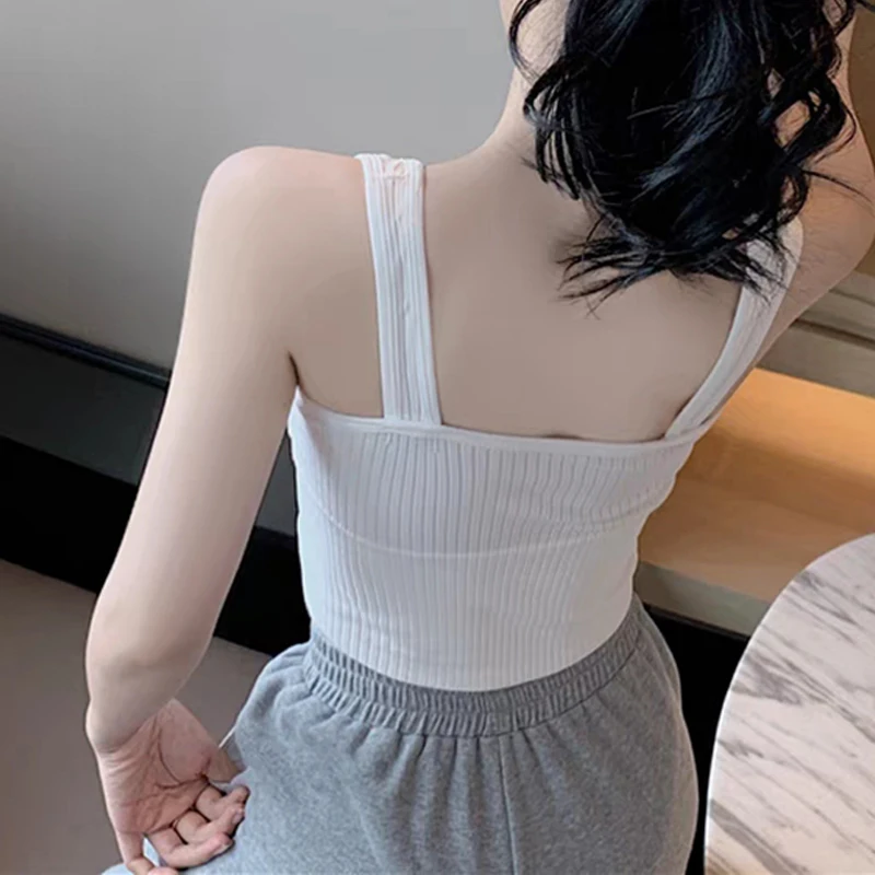 One-Piece Seamless Crop Top Women Underwear Wire-Free U-Shaped Camisole Wide Straps Striped Solid Bralette Lingerie Tube Tops