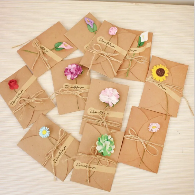

1LOT Kraft Paper Vintage Dried Flower Greeting Card with Hemp Rope Envelope+Card handmade wedding Christmas Carnation 18*12cm