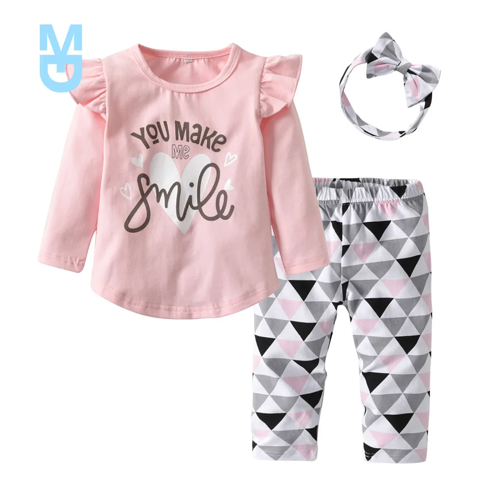 

New 3Pcs born Baby Girl Clothes Pink Sleeve Ruffle Tops+Geometric Pants+Headband Infant Toddler Baby Girls Clothing Set