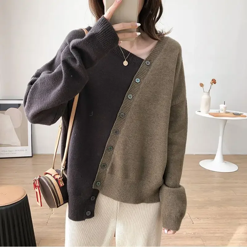 Необычный дизайн с диагональными пуговицами контрастный цвет свитер длинными