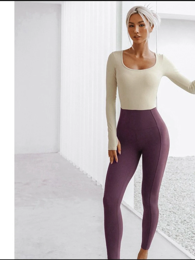 

SALSPOR Women's Long Sleeve Top One-Piece Tight Yoga Suit Backless Slim Fitting Top One-Piece Solid Color Stretch Exercise Pants