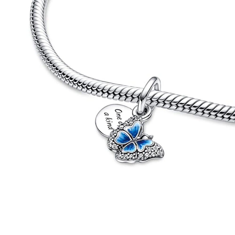 Pandora Blue Butterfly and Quote Double Dangle Charm, Spring Story Series, beaux bijoux romantiques pour femmes, cadeau exécutif