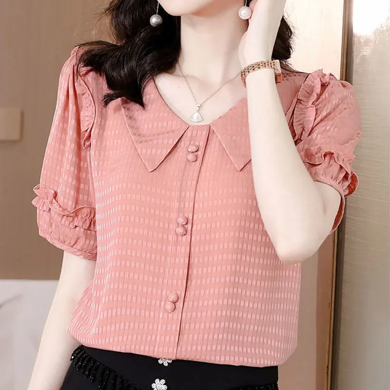 

Sweet Peter Pan Collar Shirt Summer Fashion Ruffles Spliced Women's Clothing Plaid Solid Color Straight Commute Button Blouse