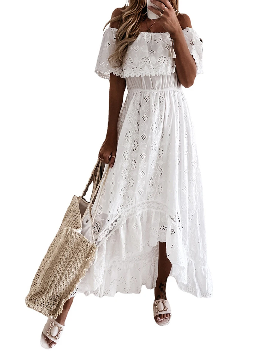 

Women Summer Lace Dress Elegant Off Shoulder Hollow Out Ruffle Maxi Dress