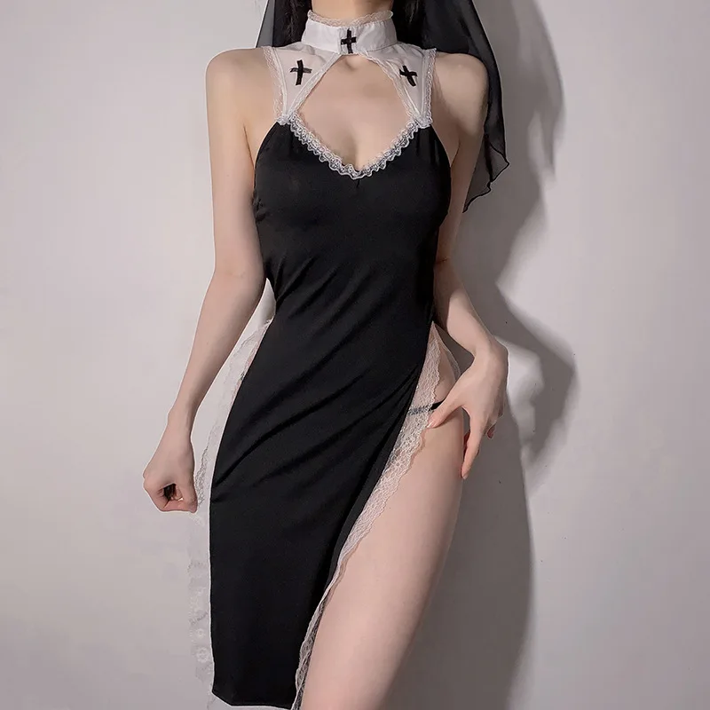 

Women Sexy Lingerie Nun Uniform Cosplay Role Play Costumes Halloween Stage Outfit High Neck Flare Sleeve Dress with Headscarf