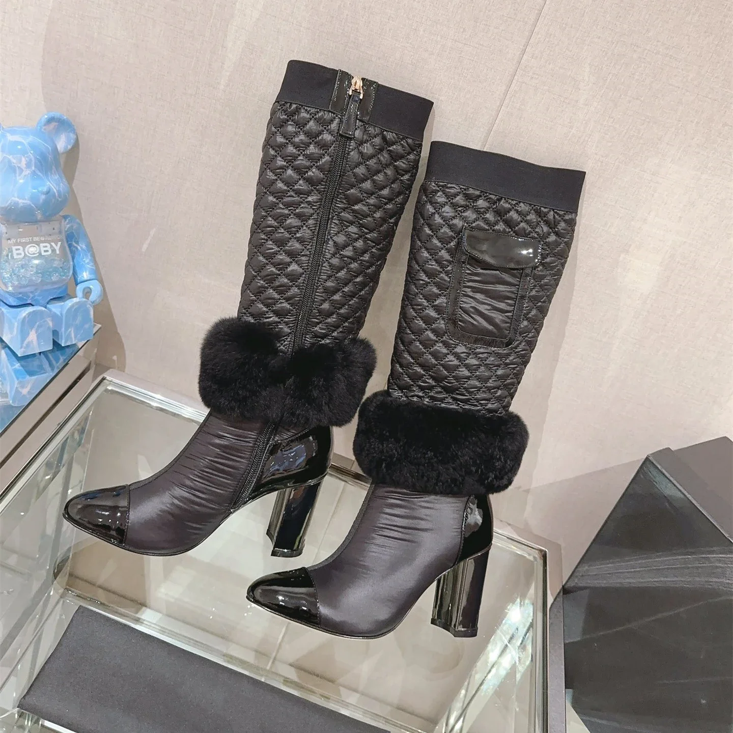 

Shoes For Women Size35-42 Wool Patent Leather Down Boots Super High Heels Knee High Boots Winter Designer Shoes Zapatillas Mujer