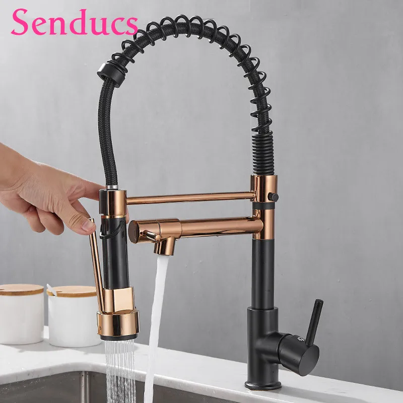 

Rose gold Spring Kitchen Faucets with Pull Down Sprayer two ways mode deck mount kitchen mixer taps hot and cold sink mixer