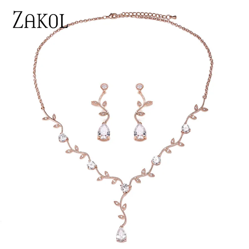 

ZAKOL Classic Rose Gold Color Cubic Zirconia Crystal Bridal Jewelry Sets Leaf Shape Choker Earrings Wedding Dress for Women