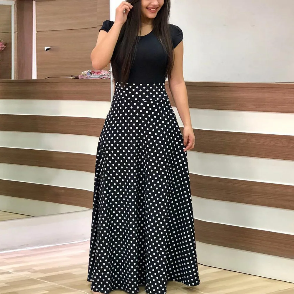 

Women Polka Dot Print Patchwork Long Dress Summer Casual Short Sleeve O-Neck High Waist Robe Boho Beach Maxi Sundress Vintage