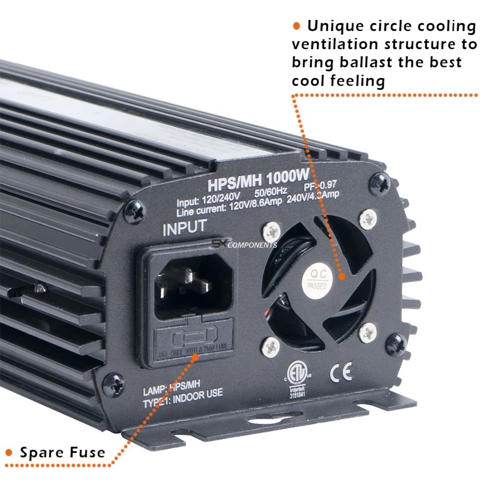 Электронный балласт US Model HPS/MH Grow Light 1000 Вт, гидропоника, регулировка яркости, охлаждение вентилятором.