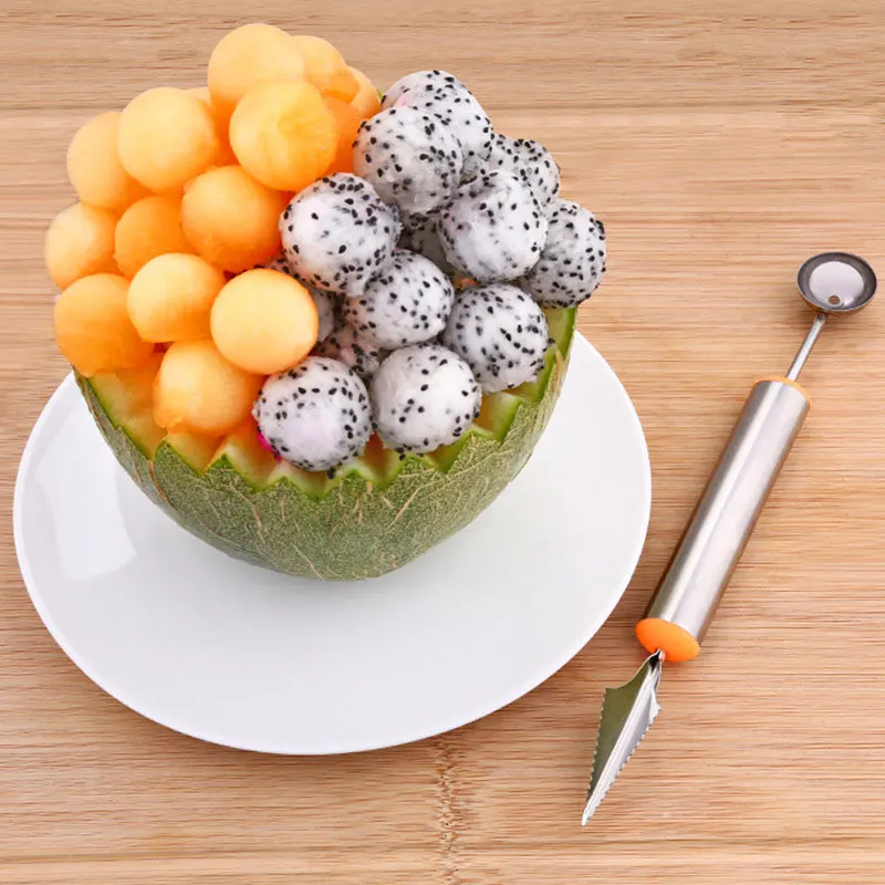 2 in 1 Dual-head Fruit Ball Carving Knife Kiwi Waterlemon Scoop Melon Digger Jar Mashed Potato Baller Ice Cream Spoon