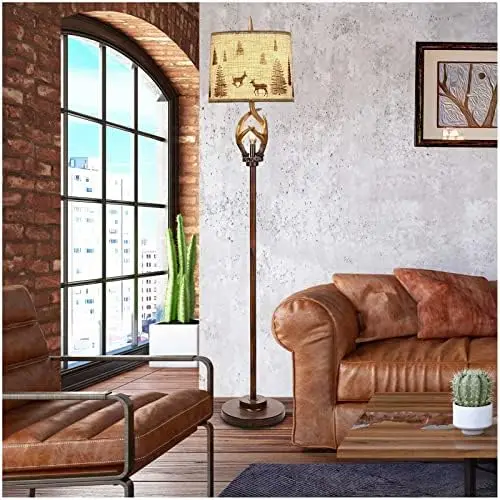

Rustic Farmhouse Antlers Floor Lamp with Nightlight Brown Finish Round Shade Lamps for Living Room Bedroom Office Study House