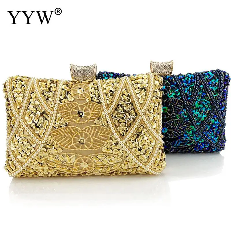 Fashion Floar Geometric Pattern Sequins Women Evening Handbag PU Leather Back Surface Pearl Diamond Clutch Bag Lady Chain Purse