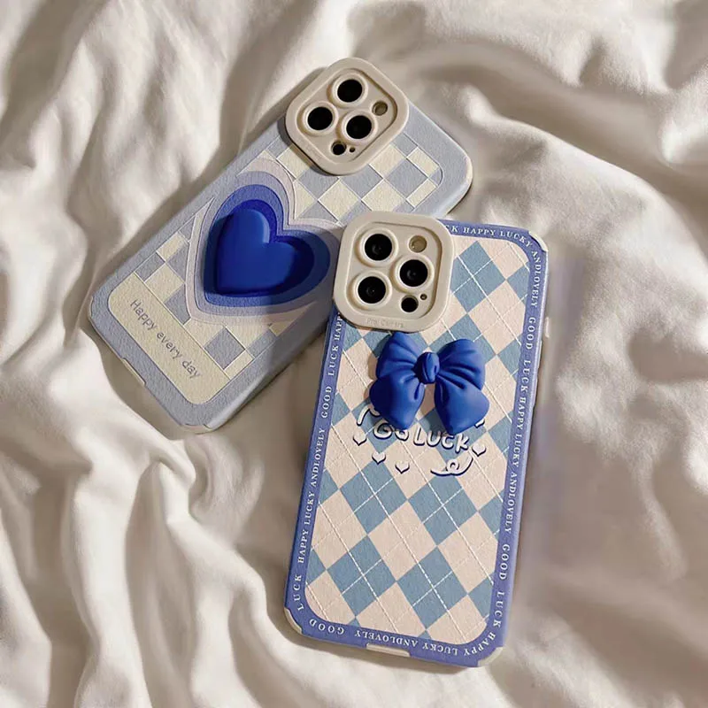 

Korea lattice Leather Lovely 3D Love Heart Bow Phone Case for iPhone 11 12 13 mini pro XS MAX 8 7 Plus X XR Cover