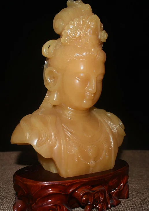 11-дюймовая резьба из натурального желтого нефрита Quan Yin Kwan-yin Статуя головы богини