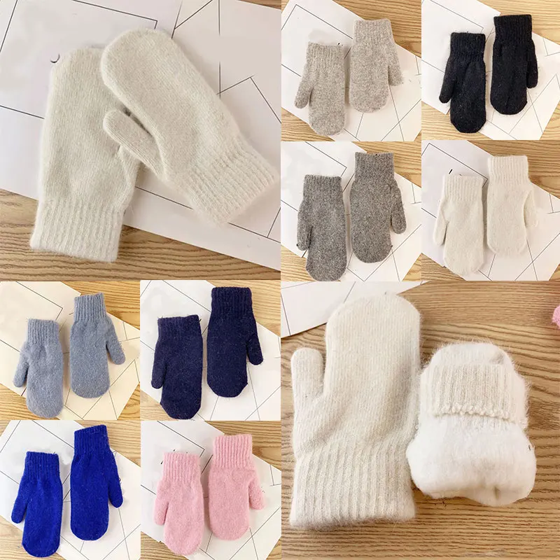 

Female Double-layer Rabbit Hair Gloves Solid Color All Fingers Women Gloves Girls Mittens Soft Warm Thicken Knitted