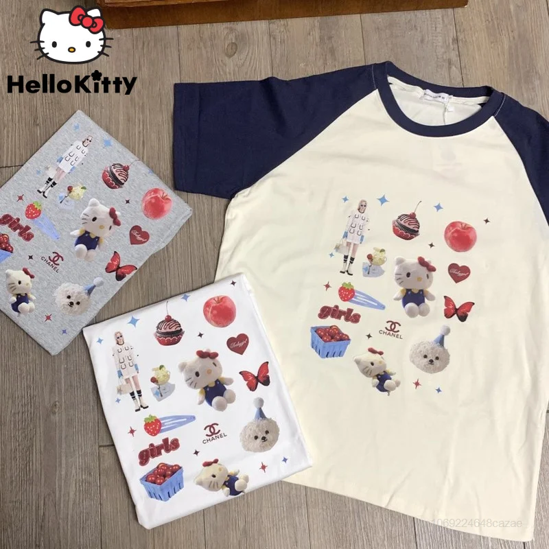 

Sanrio Hello Kitty Clothes Y2k Couples Cartoon Sweet Short Sleeve T-shirts Summer Cotton Tops Women Korean Style Loose Tee Shirt