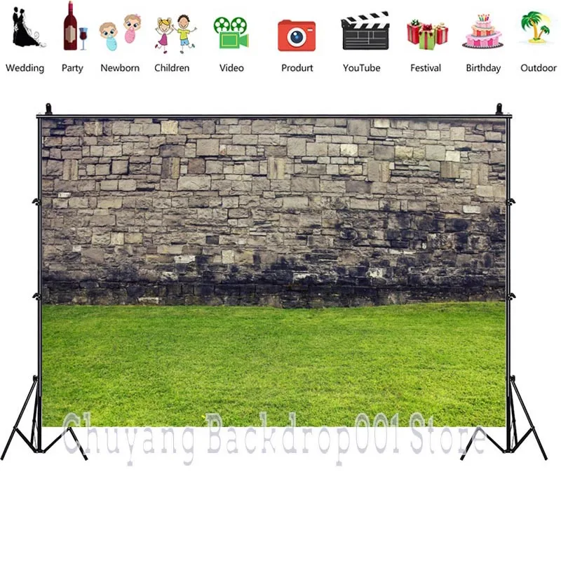 Green Grass Floor Big Rock Old City Brick Wall Photo Background Kids Pets Portrait Backdrop Photography For Photoshoot Decor enlarge
